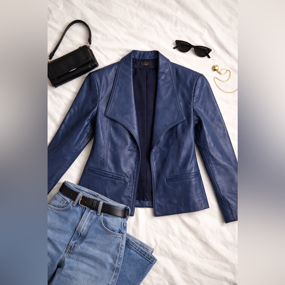 90s Slate Blue Genuine Leather Blazer | Vintage Deep Navy Power Jacket Size 8 - Picture 8 of 11